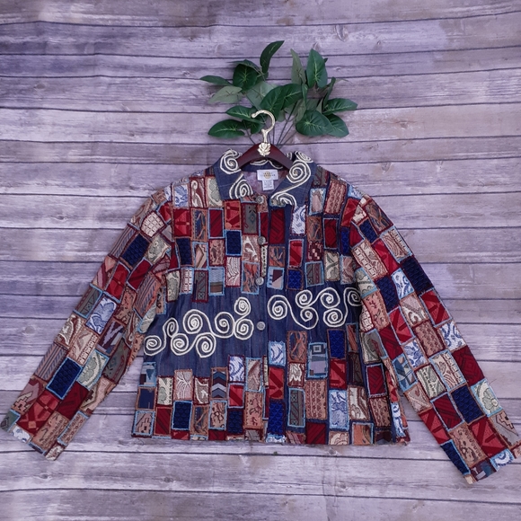 Sandy Starkman Jackets & Blazers - Funky fresh patchwork artsy jean jacket w/ swirls